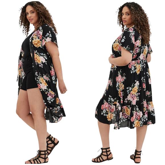 Torrid NWT Tie Waist Kimono Crepe Floral Black Open Front Sash Size 00X - Picture 1 of 10